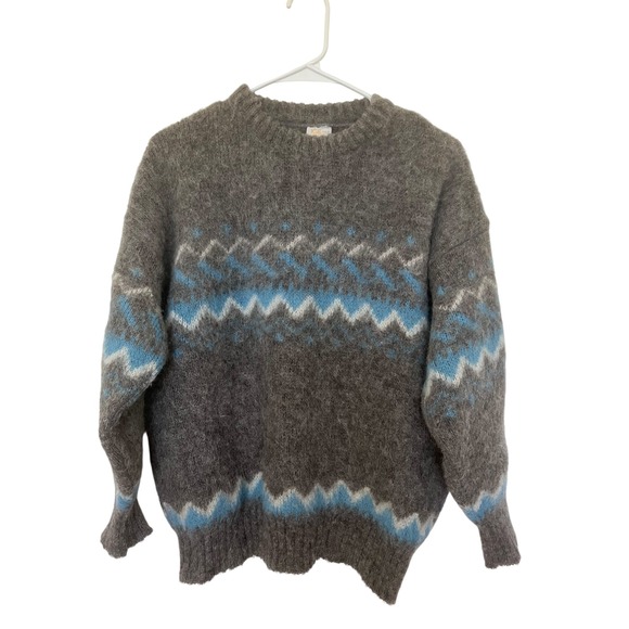 Vintage Ice-Knit Made in Iceland Wool Sweater Gray Blue Zigzag Pattern Size M - Picture 1 of 12